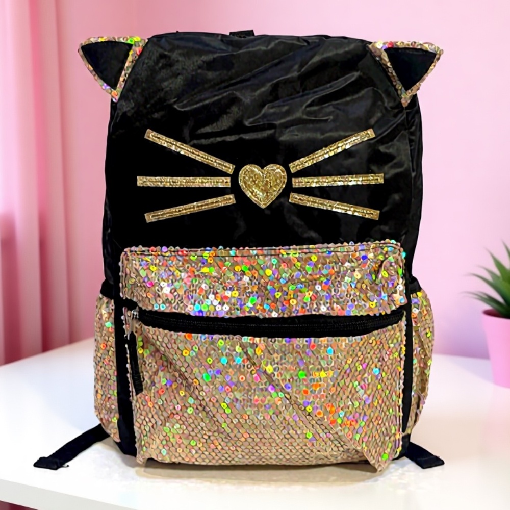 Girls Cat Backpack 16” – School Bag w/ Sequins